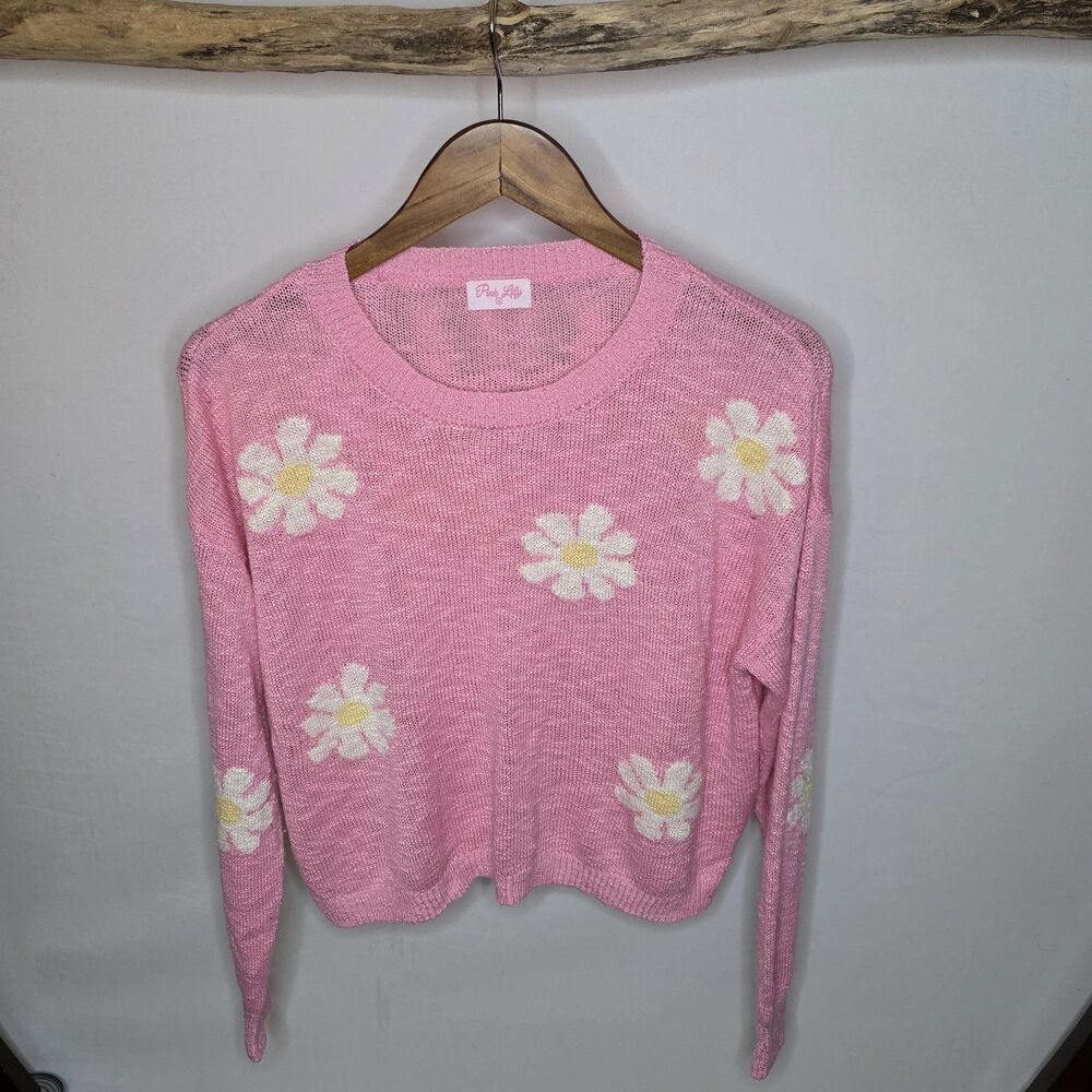 Pink Lily Women's Pink Daisy Knitted Cropped Sweater Pullover Size S Floral